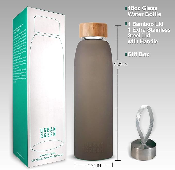 Glass Water Bottle with Protective Silicone Sleeve and Bamboo Lid by Urban green, 18oz, 1extra 304 Stainless Steel Lid with Handle, BPA Free, Dishwasher Safe, Gift Box, Father's day gift