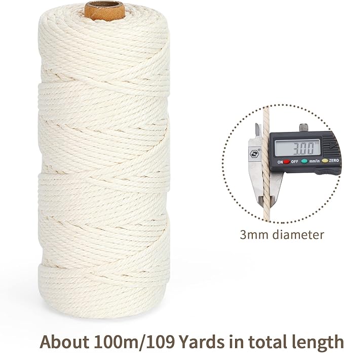 Macrame Cord 3mm x 109Yards (328Feet), Natural Cotton Macrame Rope - 4 Strands Twisted Macrame Cotton Cord for Wall Hanging, Plant Hangers, Crafts, Gift Wrapping and Wedding Decorations, Forest Green