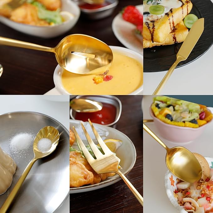 DEACORY Silverware Set with Serving Utensil Set Matte Gold Flatware Set Hand Forged Stainless Steel Cutlery Set 45 Pieces Matte Finished Hexagon Handle Service for 8, DE1004