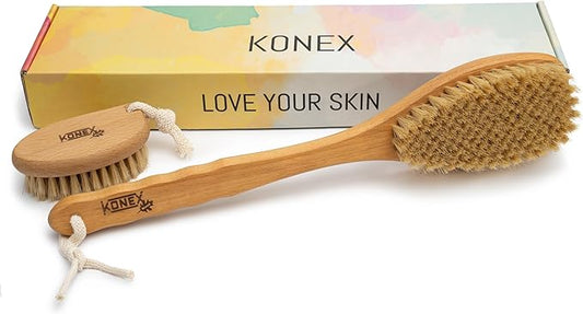 KONEX Bath Brush Set, Exfoliating Shower Scrubber, Dry Brushing Body Brush Set, Pore Opening, Beechwood Handle with Natural Bristle Large 15" Plus Small Face Brush