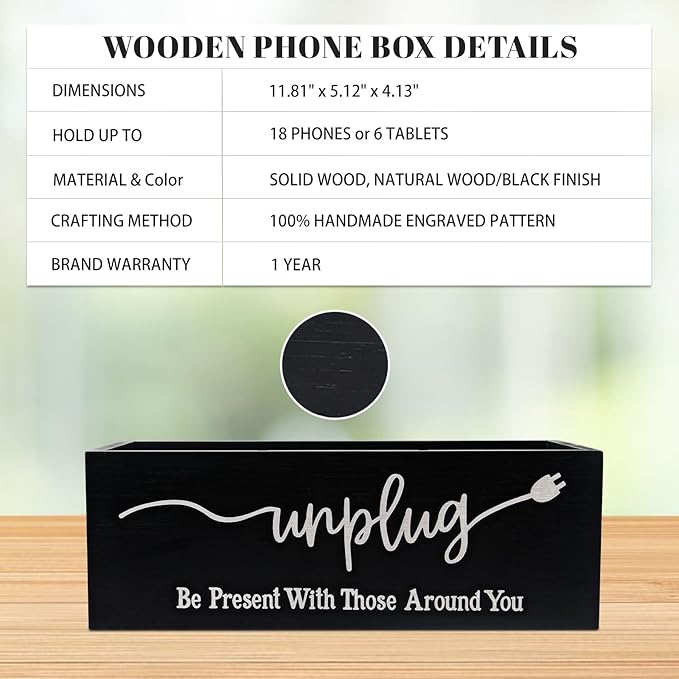 Bamboo Wood Phone Box – Unplug from Phones, Tablets, and Electronics for Study, Meetings, and Family Time, Phone Holder Organizer with Charging Holes, Farmhouse Style, Holds Up to 18 Phones-Black