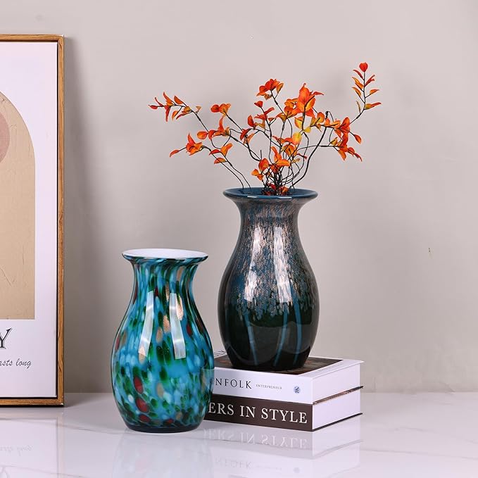 12 inch Hand Blown Glass vase, Green Glass vase, Glass Large vase Flower Decoration, Glass Art vase for Wedding Bathroom Dining Table Shelves Office Living Room Coffee Table Centerpiece vase.