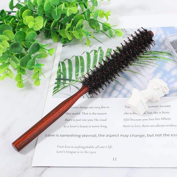 Boar Bristle Hair Brush for Women and Men, Small Round Hiarbrush Blow Drying Brush Soft Bristle Styling Hair Brush with Natural Wood Handle for Straightening Curling Volumizing and Detangling