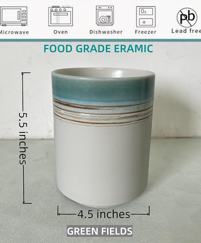 Medium Stoneware Kitchen Utensil Holder for Kitchen Counter Short Cooking Utensil Holder for Countertop Spatula Holder Small Utensil Crock Cutlery Holder Silverware Caddy Flower Vase (Green Field)