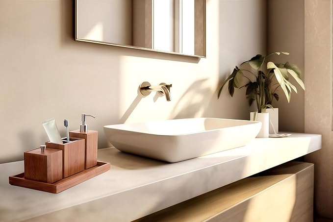 Seville Classics Bamboo Eco-Conscious Bathroom Vanity Organizer Set Kitchen Home Over The Sink Trash Bin, Soap, Cotton Ball Holder, Towel Tray, 5 Piece, Bamboo