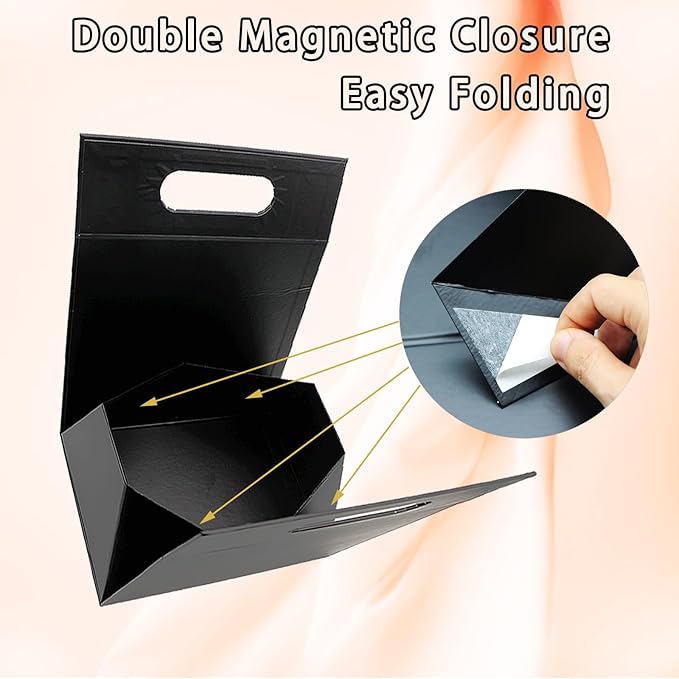 opaprain 9X6X4.3inch Portable Premium Folding Gift Box with Handles - Reusable Elegant Storage Solution for Birthdays, Weddings, Corporate Events, Eco Friendly Compact Design (Black)