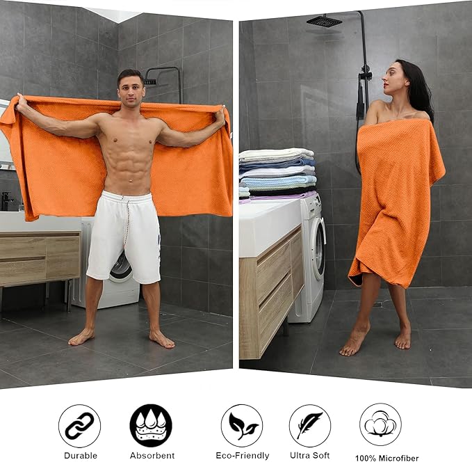 8-Piece Bath Towel Set, 2 Extra Large Bath Towel Sheets, 2 Hand Towels and 4 Washcloths - Highly Absorbent Quick Dry Microfiber,Ultra Soft Towel Set for Bathroom, Waffle Weave Design (Orange Red)