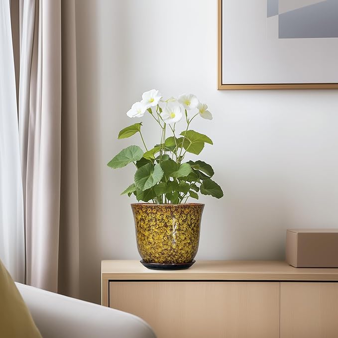 Ceramic Plant Pots - 5.6 Inch Planter with Drainage Hole and Saucer, Succulent Orchid Pots for Indoor Outdoor, Small Round Flower Pot, Room Window Office Decor, House Warming Gifts, Yellow