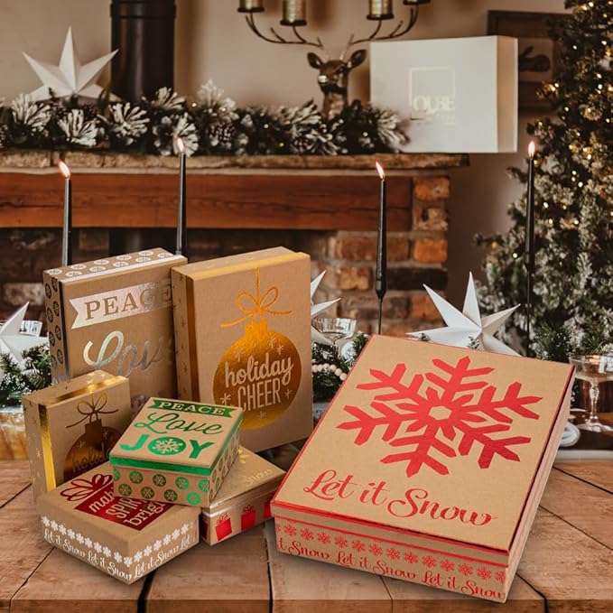 Hollyone 7 Pack Kraft Christmas Gift Boxes with Lids in Assorted Designs Christmas Gift Wrap Boxes Different Sizes Xmas Gift Boxes Shirt Box for Wrapping Xmas Holiday