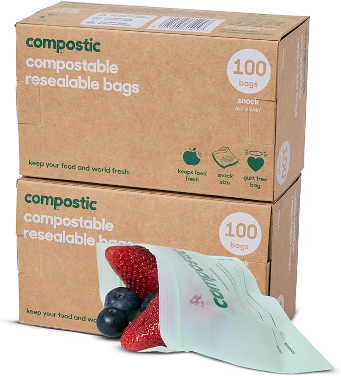Compostic Home Compostable Resealable Snack Bags (6"x 3.5"), Microwave & Freezer Safe, Organic Food Storage Container, 200 Count