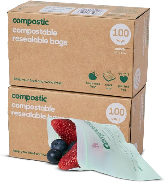 Compostic Home Compostable Resealable Snack Bags (6"x 3.5"), Microwave & Freezer Safe, Organic Food Storage Container, 200 Count