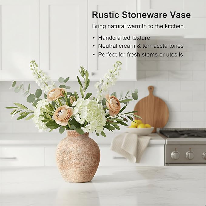 Ceramic Flower Vase, 6-Inch Terracotta Pottery Rustic Farmhouse Boho Vase, Handcrafted Decorative Vase for Home Decor, Centerpieces, Table, Living Room, Mantel, Shelf