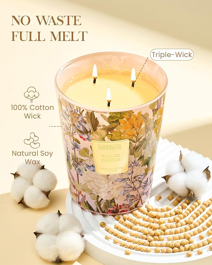 M&SENSE Citrus Water Flower Scented Candles, 35oz 150H Long Lasting, 3 Wick Soy Candles,Natural Aromatherapy Calm Stress Relief, Home Fragrance Housewarming Gifts