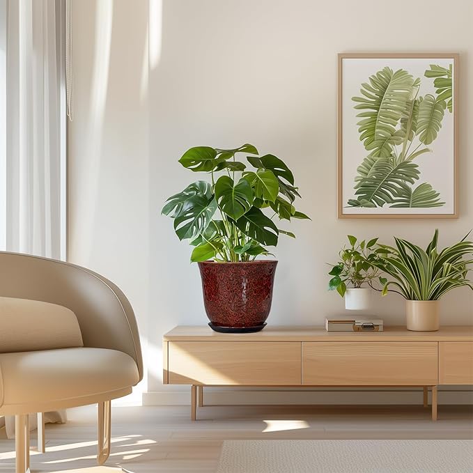 Ceramic Planter - 8 Inch Plant Pot for Indoor Outdoor, Ceramic Flower Pots with Drainage Hole and Saucer, Round Planter, Decorative Plant Pot, Room Home Apartment Decor, Gift for Women, Red