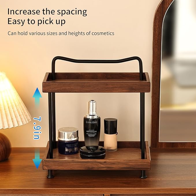 2-Tier Bathroom Counter Organizer,Wood Countertop Organizer for Storage,Makeup Organizer Cosmetics Storage Display Rack,Counter Shelf for Bathroom Organization(Wood & Black)