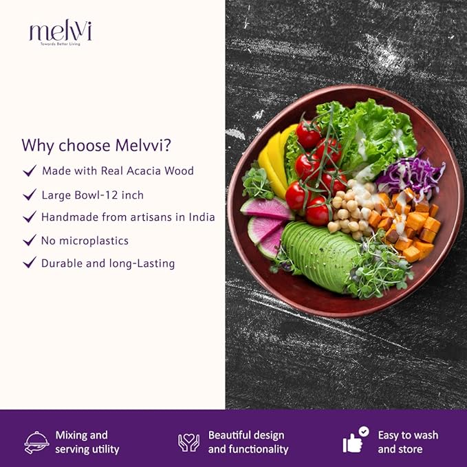 Melvvi Large Wooden Salad Bowl Set with 2 Serving Utensils | 12" Acacia Wood Royal Brown color Bowls for Food | Great Gift for Thanksgiving & Christmas (Royal Set of 3)