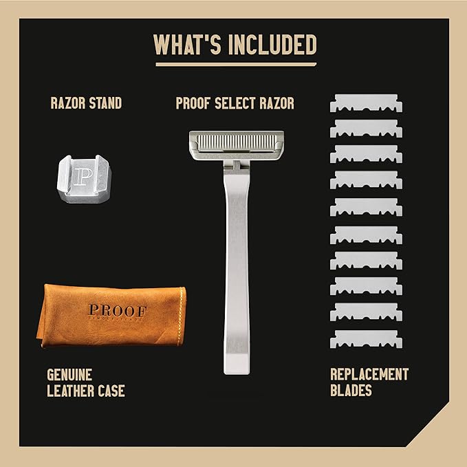 PROOF Select Single Blade Razor for Men with Pivoting Head Made in USA - CNC Machined Aluminum Easy Blade Replacement - Includes Genuine Leather Travel Case, Suction Cup Holder and Safety Razor Blades