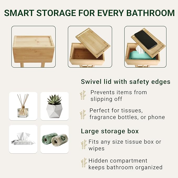 Bamboo Toilet Paper Holder Stand with Storage Shelf Box, Freestanding Bathroom Tissue Organizer and Wipes Dispenser, Rotating Swivel Lid, Eco-Friendly Natural Wood Home Decor Gift