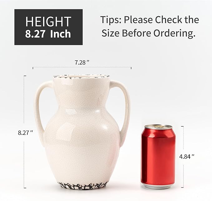 White Ceramic Rustic Vase with 2 Handles, Modern Farmhouse Round Flower Vase, Antique Decorative Vases for Home Decor, Wedding, Living Room, Shelf Decor - 8.3 Inch Tall, Ice Cracked White