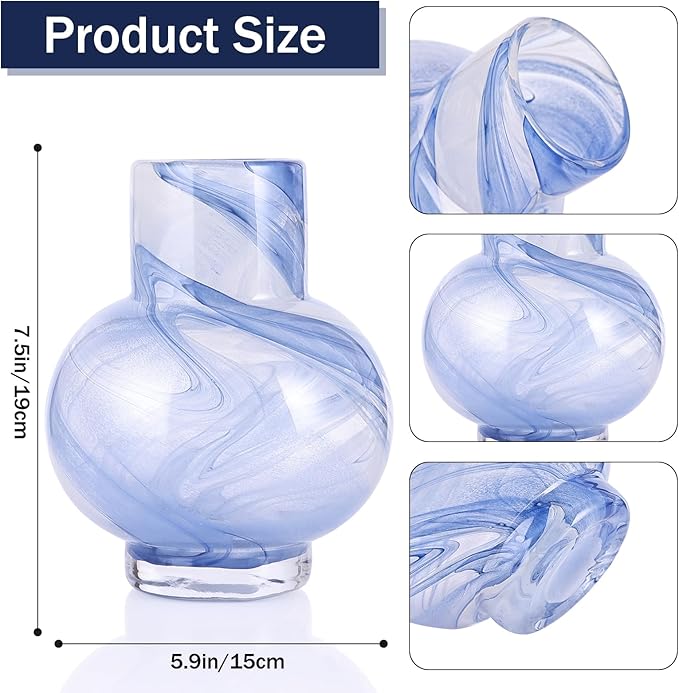 Blue Hand Blown Glass Wide Mouth vase for Home Decoration Short Round Glass vase for Living Room, Dining Table, Bookcase, TV Cabinet, Bookshelf and Office Desktop Decoration.