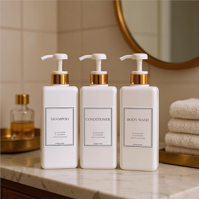 Modern Gold Design Large 27 oz Shampoo and Conditioner Dispensers - Empty Plastic Refillable Pump Bottle Set for Bathroom Shower Soap Dispenser, Gift Box Included, Set of 3 (White)