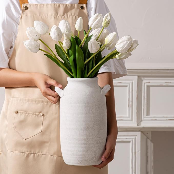Large Flower Vase Home Decor - 12 inch Tall Ceramic Farmhouse Rustic Table Vases with Handle Living Room Decoration Decorative Rustic Pottery for Floor Kitchen Shelf Coffee Dining Desk Fireplace