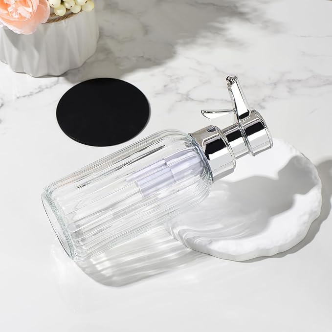 Automatic Foaming Soap Dispenser, 17oz Clear Glass Hand Soap Dispenser with ABS Touch Sensor Pump Battery Operated, Dish/Hand Soap Refillable for Bathroom Kitchen (Silver)