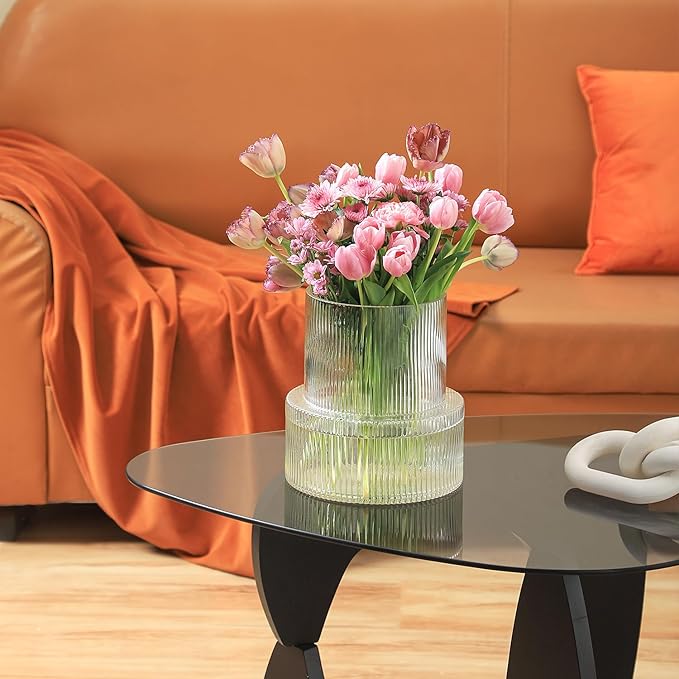 Ribbed Glass Vase, Large Glass Vase for Flowers, Fluted Glass Vases, Clear Glass Vases for Living Room, Office, Dining Table, Entryway, Mantle, Shelf, Wedding, 9 Inches