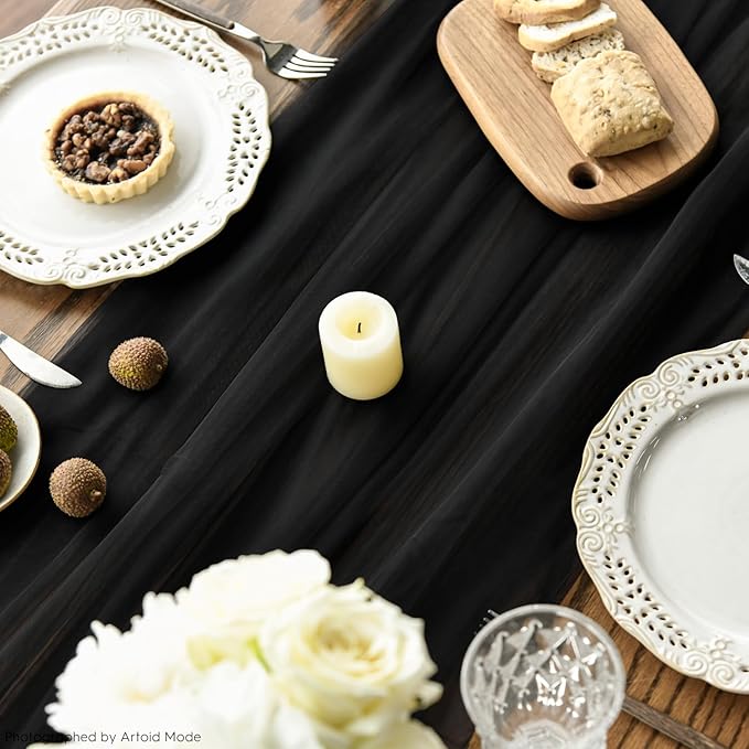 Artoid Mode 3PCS Black Gauze Table Runner 120 Inch 10FT, Seasonal Sheer Kitchen Dining Holiday Wedding Birthday Baby Shower Table Decor for Home Party
