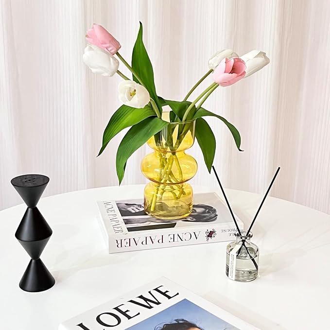 BLOFLO Orange Transparent Glass Hydroponic Vase, 7Inches Colored Glass Vase for Flower, Modern Geometric Three-Layer Floral Vases for Home Office Wedding Table Décor (Orange)