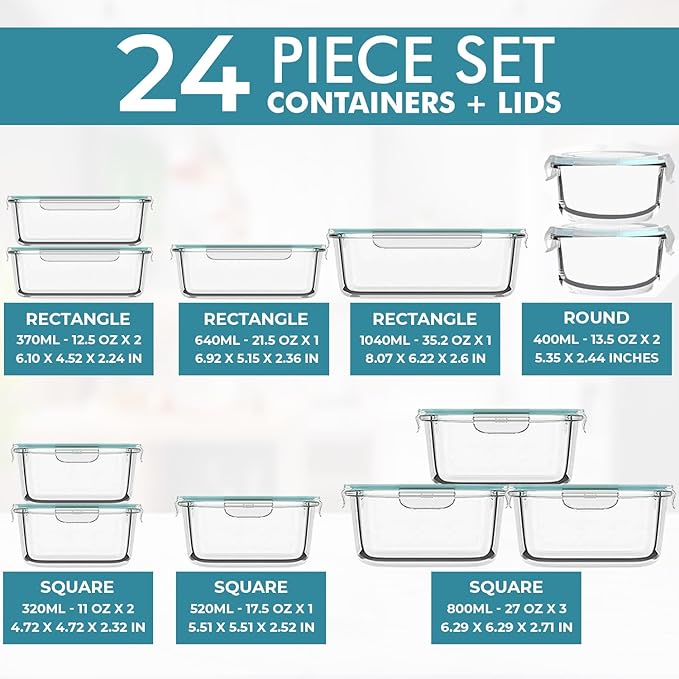 Razab 24 Pc Airtight Glass Food Storage Containers - Glass Meal Prep Containers - Freezer to Oven Safe - Steam Release Valve BPA Free - Airtight Bento Boxes - Leak Proof (12 lids & 12 Containers)