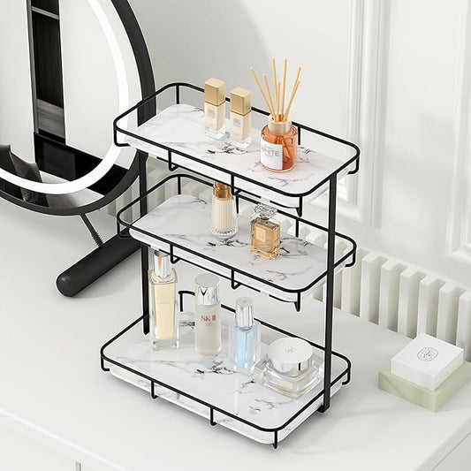 Bathroom Organizer Countertop Perfume Organizer Makeup Organizer Cosmetics Storage Display Rack Vanity Tray Dresser Stainless Steel Gold Shelf White Marble Ceramic Tray
