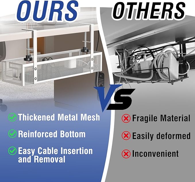 Under Desk Cable Management Tray - GZOKMOG No Drill Cord Organizer with Clamp, Reinforced Metal Mesh Workspace Organizers for Wire, Office Desk Accessories, 1 Pack White, 15.75 inch