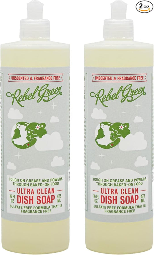 Rebel Green Super Deluxe Dish Soap - Natural Dishwashing Soap - Liquid Dish Detergent - Sustainable Dish Liquid Unscented - (16 oz Bottles, 2 Pack)