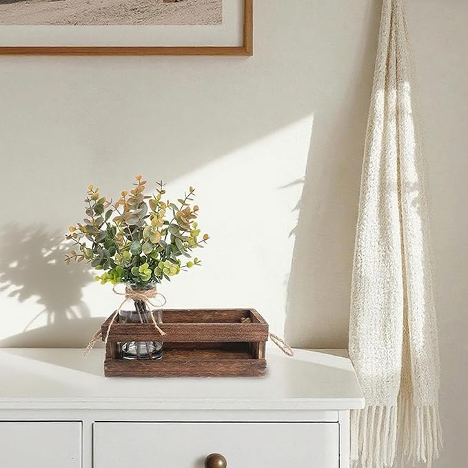 Artificial Eucalyptus Stems in Glass Vase with Faux Water,Combined with Wood Tray Centerpiece Table Decoration,11" Fake Plant with Orange-Green Leaves for Home Decor