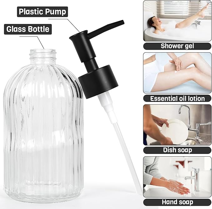 2 Pack Glass Soap Dispenser with Pump, 13.5oz Refillable Soap Dispensers with Vertical Stripe for Hand Wash & Dish Wash, Elegant Bathroom Soap Dispenser for Dishwashing Liquid, Lotion