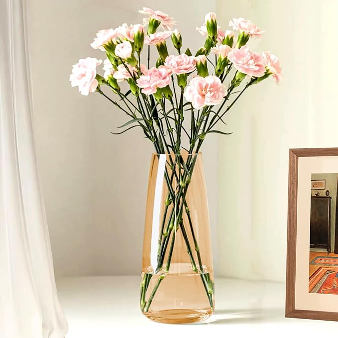 Aoderun Glass Vase for Flowers Modern Vases Home Decor Unique Flower Vase for Bouquet 8.7" Centerpiece Vase Decor Room,Bedroom,Living Room,Library,Office,Table,Entryway,Modern Farmhouse(Amber)