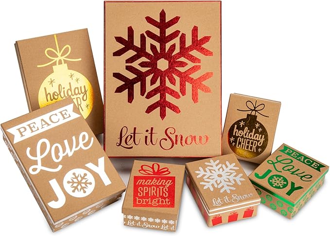 Hollyone 7 Pack Kraft Christmas Gift Boxes with Lids in Assorted Designs Christmas Gift Wrap Boxes Different Sizes Xmas Gift Boxes Shirt Box for Wrapping Xmas Holiday