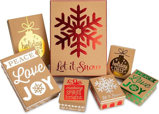 Hollyone 7 Pack Kraft Christmas Gift Boxes with Lids in Assorted Designs Christmas Gift Wrap Boxes Different Sizes Xmas Gift Boxes Shirt Box for Wrapping Xmas Holiday