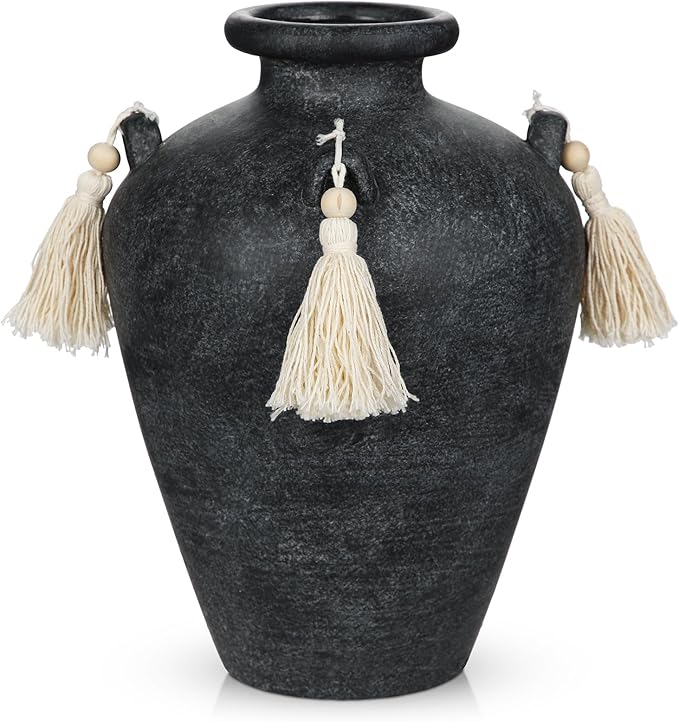 9.4" Large Black Ceramic Vase for Centerpieces - Rustic Farmhouse Vase with 4 Ears & Tassels, Terracotta Vintage Flower Vases for Table, Desk, Living Room, Bedroom, Entryway, Holiday & Weddings Decor