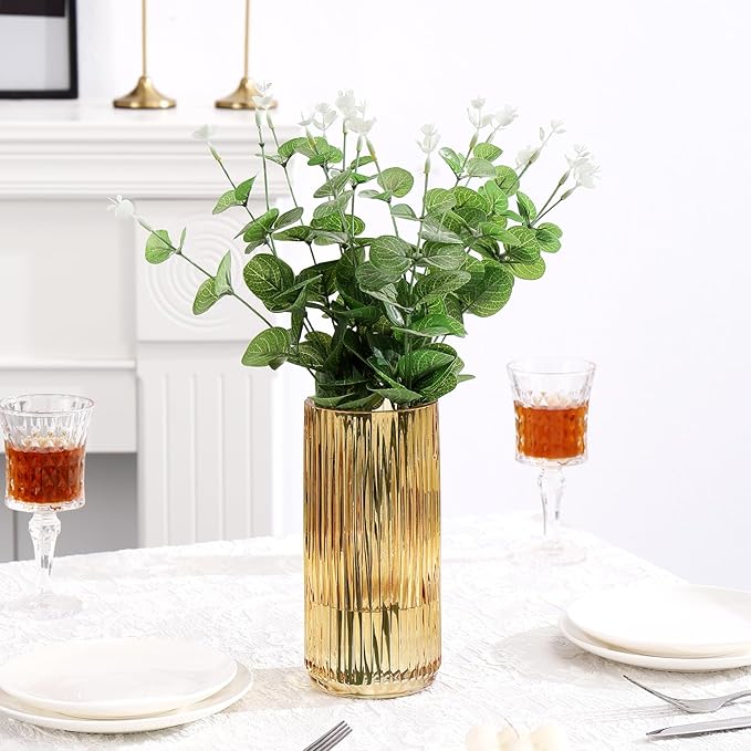 Ribbed Glass Vase, Amber Glass Vase, Flower Vase for Bouquet, Glass Vase for Flowers, Modern Vase, Ribbed Vase for Living Room, Bathroom, Dining Table, Office, Wedding, Centerpieces, 8 Inches