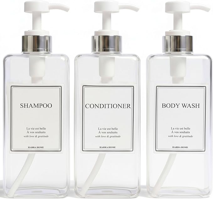 Modern Design 27 oz Shampoo and Conditioner Dispensers - Plastic Refillable Pump Bottle Set for Bathroom Shower Soap Dispenser, Gift Box Included, Set of 3 (Clear & Silver)