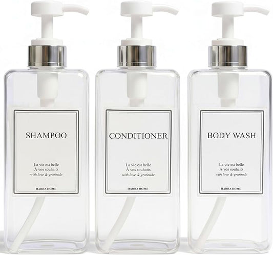 Modern Design 27 oz Shampoo and Conditioner Dispensers - Plastic Refillable Pump Bottle Set for Bathroom Shower Soap Dispenser, Gift Box Included, Set of 3 (Clear & Silver)