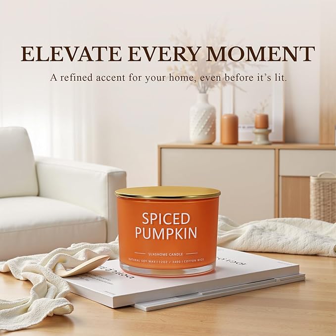 Pumpkin Spice Fall Candle, Large 3 Wick 12oz Luxury Candle, Elegant Autumn Gift for Women & Men, 60+ Hour Burn Time & Non-Toxic, Cozy Fall & Halloween Home Decor