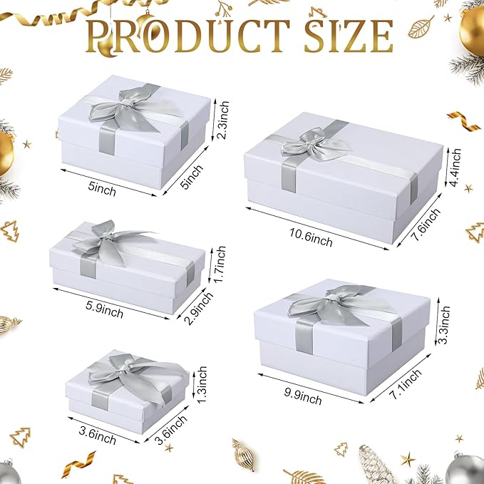 Tenceur 10 Pcs Gift Boxes with Lids Heavy Duty Nested Assorted Sizes Cardboard Gift Boxes for Presents with Ribbon for Xmas Holiday Present(White,5 Size)