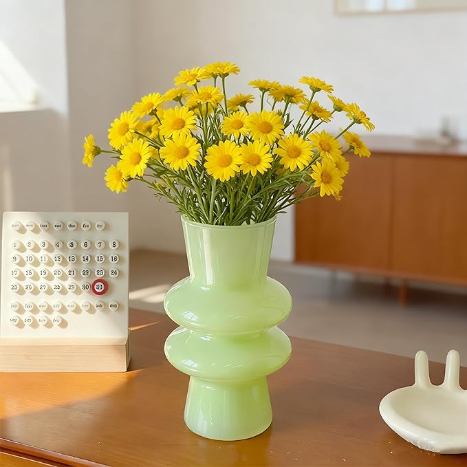 JSPYFITS Glass Vases for Decor, 7.8 Inch Four- Layer Hydroponic Glass Vase Bubble Flower Vases Decorative for Home Décor, Funky Modern Geometric for Living Room/Wedding/Party/Office(Milky Green)