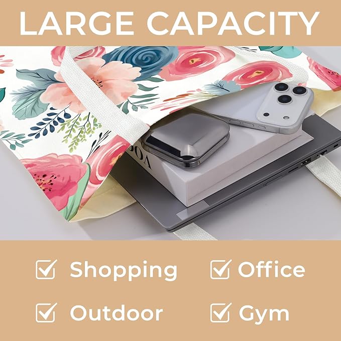 Cute Aesthetic Canvas Tote Bag for Women, Reusable Foldable Shopping Cotton Shoulder Totebag with Zipper Pocket