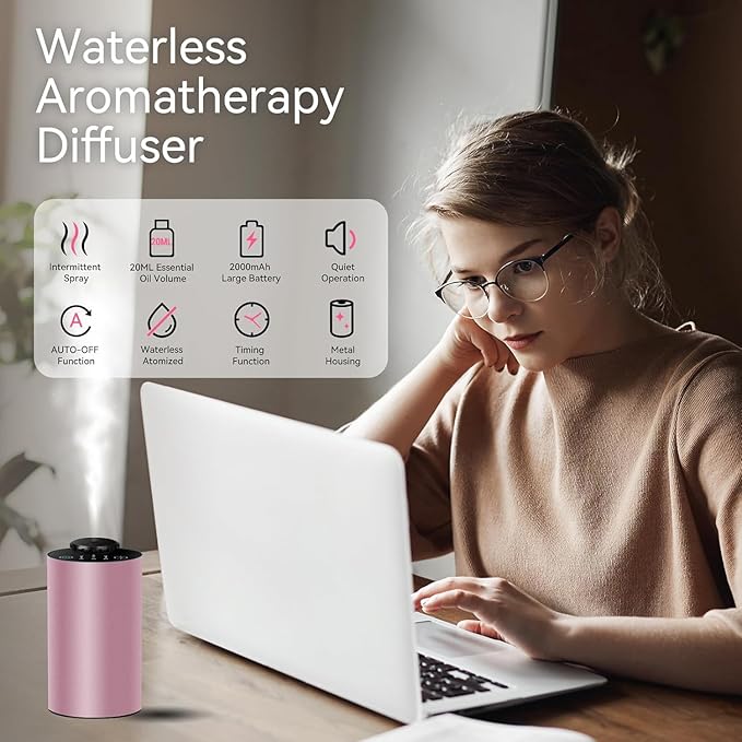 Waterless Essential Oil Diffuser for Home Battery Operated Cordless Scent Diffuser with Timing & 3 Mist Levels car Diffuser， Aluminum Alloy