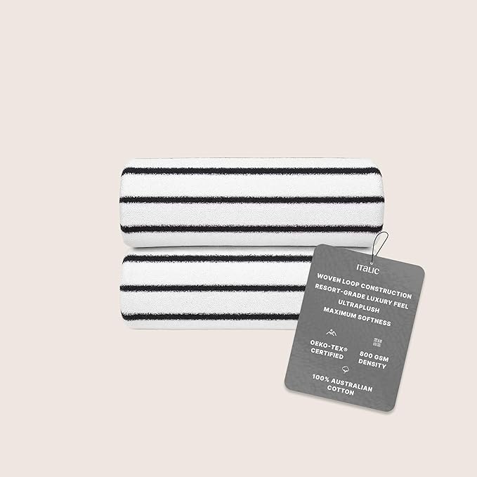Italic Ultraplush 100% Australian Cotton Towels - Set of 2 Luxury Bath Towels, Quick Dry & Absorbent, Heavy Duty Large Bath Towels, 800GSM Resort Grade Striped (White & Blue)