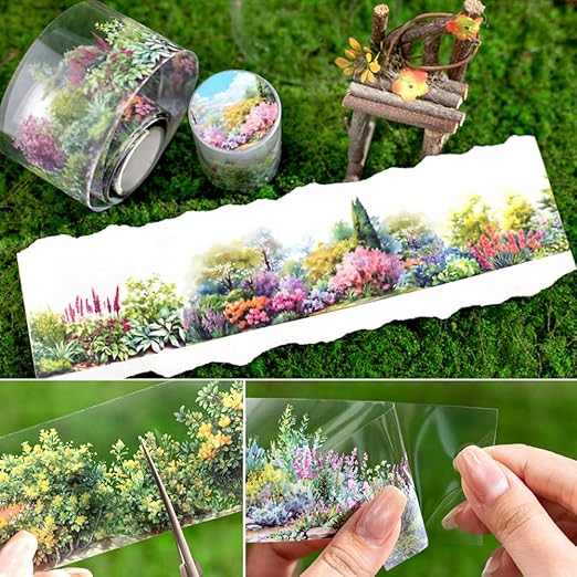 6 Rolls Colorful Floral Washi Tape Set Spring Plant Landscape Scrapbook Tape Vintage Flower Stickers for Journaling Supplies Transparent PET Washi Tapes Junk Journal Scrapbooking Craft Decorative Tape